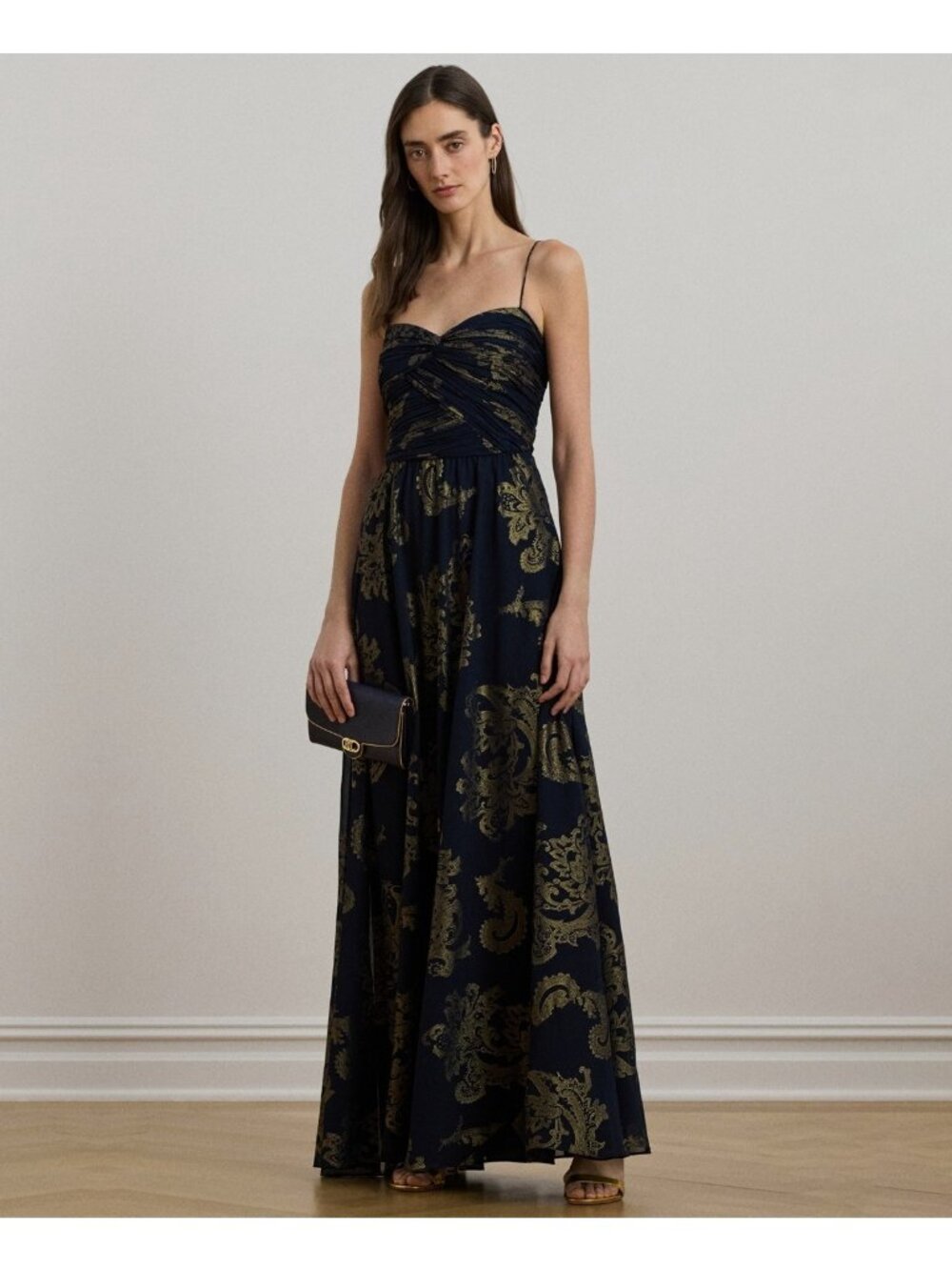 Lauren Ralph Lauren NWT Paisley Foiled Chiffon Sleeveless Gown Navy Size 14 $345